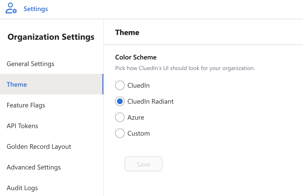 Organization Settings on the Theme page with CluedIn Radiant selected as the color scheme